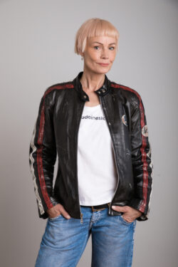Modeling Agency Icon's Outofbox model Piret in a leather jacket